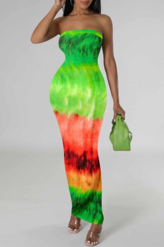 Red Green Sexy Casual Print Backless Strapless Long Dress Dresses