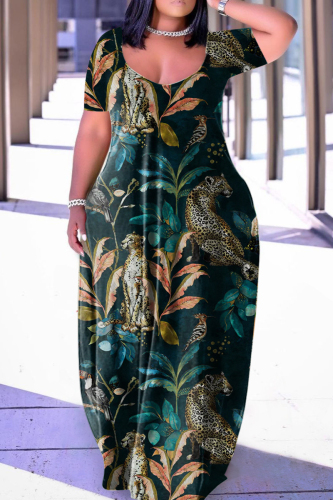 Ink Green Casual Print Basic V Neck Short Sleeve Dress Dresses