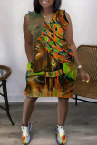 Cyan Casual Print Basic V Neck Sleeveless Dress Dresses