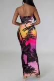 Red Green Sexy Casual Print Backless Strapless Long Dress Dresses