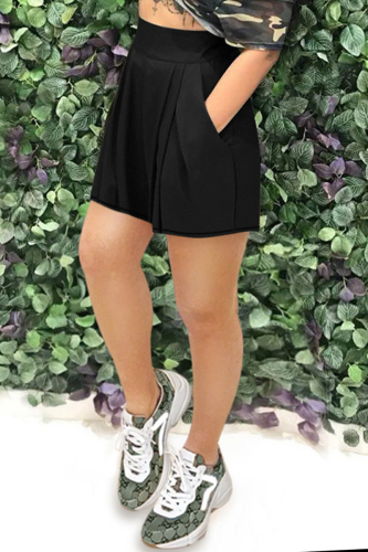 Black Casual Solid Patchwork Regular High Waist Conventional Solid Color Shorts