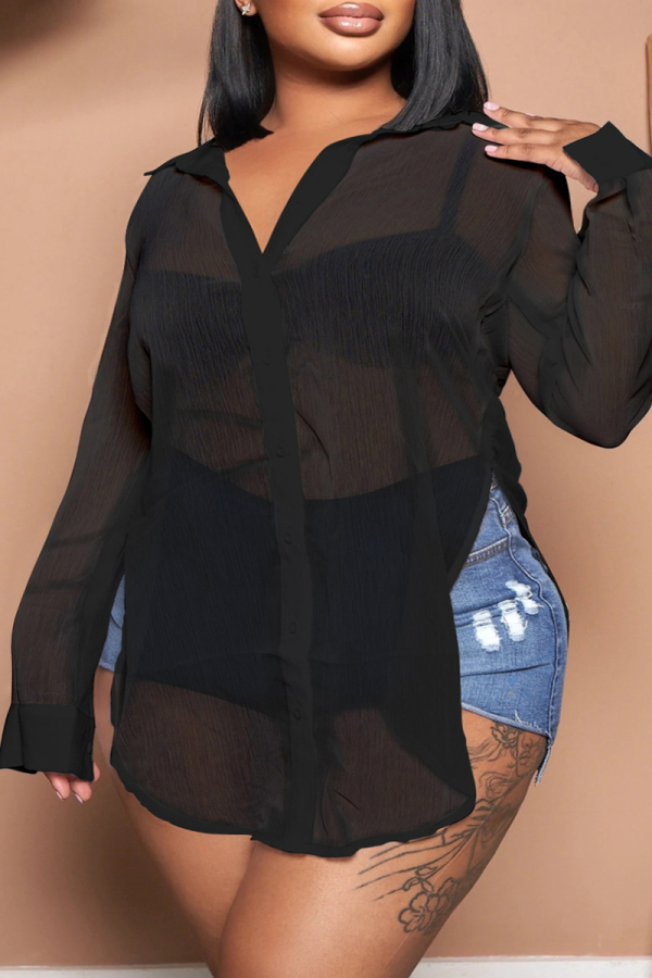 Black Casual Solid See-through Slit Shirt Collar Plus Size Tops