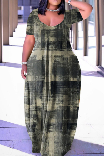 Yellow Casual Print Basic V Neck Short Sleeve Dress Dresses