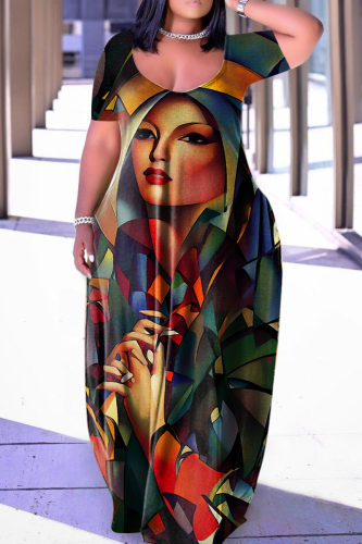 Multicolor Casual Print Basic V Neck Short Sleeve Dress Dresses