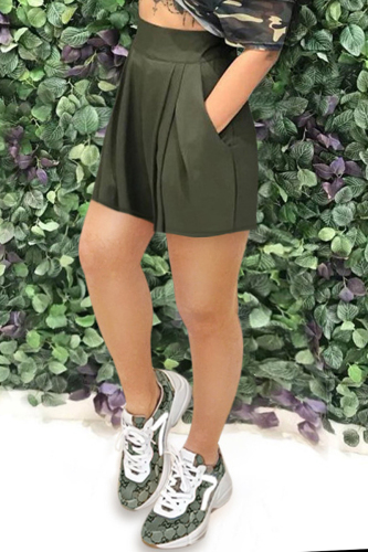 Army Green Casual Solid Patchwork Regular High Waist Conventional Solid Color Shorts