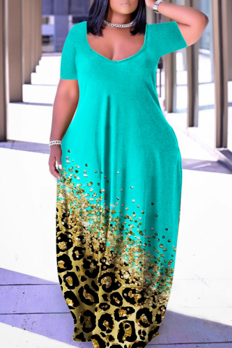 Cyan Casual Print Basic V Neck Short Sleeve Dress Dresses