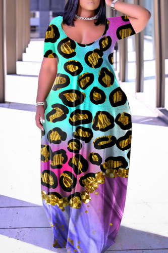 Colour Casual Print Basic V Neck Short Sleeve Dress Dresses
