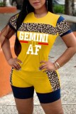 Black Casual Letter Print Leopard Patchwork O Neck Short Sleeve Two Pieces