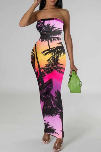 Yellow Pink Sexy Casual Print Backless Strapless Long Dress Dresses