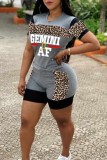 Black Casual Letter Print Leopard Patchwork O Neck Short Sleeve Two Pieces