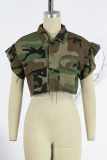 Camouflage Street Camouflage Print Patchwork Buckle Turndown Collar Tops