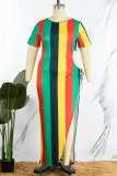 Colour Sexy Striped Print Patchwork Slit O Neck Printed Dress Plus Size Dresses