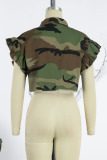 Camouflage Street Camouflage Print Patchwork Buckle Turndown Collar Tops