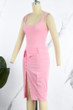 Pink Sexy Solid Patchwork U Neck Sleeveless Two Pieces
