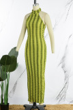 Green Sexy Striped Print Patchwork Halter Pencil Skirt Dresses
