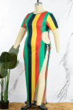 Colour Sexy Striped Print Patchwork Slit O Neck Printed Dress Plus Size Dresses