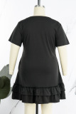 Pink Casual Solid Patchwork Flounce O Neck Straight Plus Size Dresses