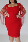 Red Sexy Solid Tassel Patchwork Square Collar Plus Size Dresses(Subject to the Actual Object)