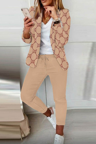 Khaki Casual Print Patchwork Cardigan Pants Turn-back Collar Long Sleeve Two Pieces