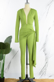 Green Sexy Solid Patchwork V Neck Skinny Jumpsuits
