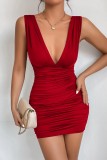 Red Sexy Solid Fold V Neck Sleeveless Dress Dresses