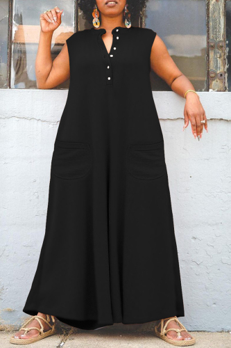 Black Casual Solid Patchwork V Neck Regular Jumpsuits