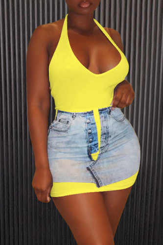 Yellow Sexy Print Backless Halter Sleeveless Dress Dresses