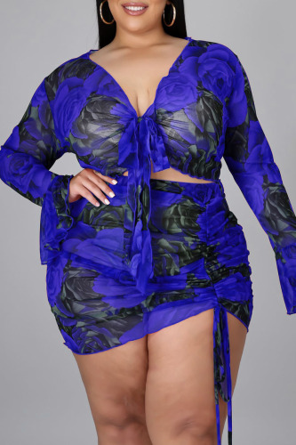 Blue Sexy Print Bandage Patchwork Draw String V Neck Plus Size Two Pieces