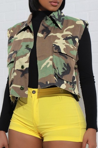 Green Casual Camouflage Print Cardigan Turndown Collar Tops