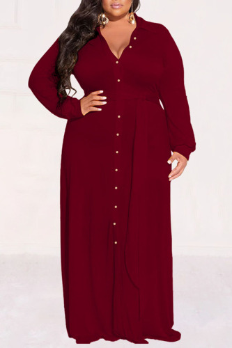 Burgundy Casual Street Solid Patchwork Buckle Turndown Collar Shirt Dress Plus Size Dresses