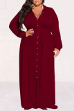 Rose Red Casual Street Solid Patchwork Buckle Turndown Collar Shirt Dress Plus Size Dresses