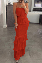 Red British Style Celebrities Solid Flounce Strapless Cake Skirt Dresses