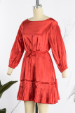 Red Casual Solid Patchwork Fold O Neck Pleated Dresses