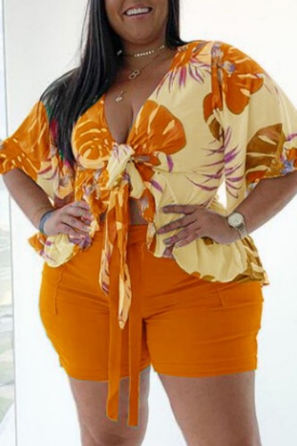 Orange Fashion Casual Print Basic V Neck Plus Size Two Pieces