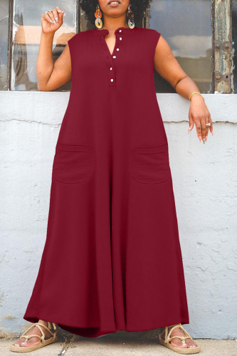 Burgundy Casual Solid Patchwork V Neck Regular Jumpsuits