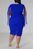 Blue Sexy Solid Tassel Patchwork Square Collar Plus Size Dresses(Subject to the Actual Object)