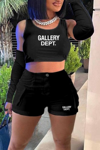 Black Casual Street Print Letter U Neck Three Quarter Three Pieces