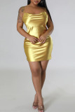 Gold Sexy Solid Patchwork Spaghetti Strap Sling Dress Dresses