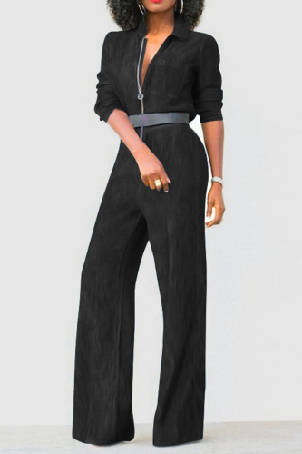 Black Casual Solid Patchwork Without Belt Turndown Collar Long Sleeve Straight Denim Jumpsuits(Without Belt）