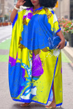 Blue Casual Street Print Patchwork Slit V Neck Straight Plus Size Dresses