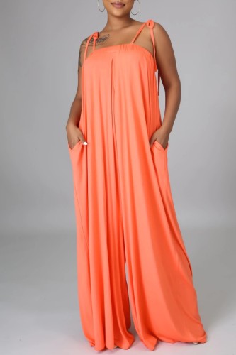 Orange Casual Solid Bandage Backless Spaghetti Strap Loose Jumpsuits