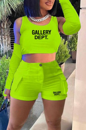 Fluorescent Green Casual Street Print Letter U Neck Three Quarter Three Pieces