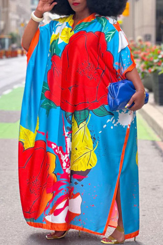 Blue Casual Street Print Patchwork Slit V Neck Straight Plus Size Dresses
