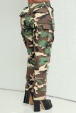Army Green Casual Camouflage Print Patchwork Regular High Waist Conventional Full Print Bottoms