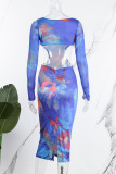Blue Sexy Print Hollowed Out Patchwork See-through Backless O Neck Pencil Skirt Dresses