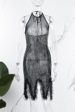 Black Sexy Patchwork Hot Drilling Bandage Backless Halter Sleeveless Dress Dresses