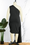 Black Casual Solid Patchwork Backless Oblique Collar Sleeveless Dress Plus Size Dresses
