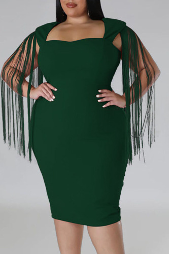 Green Sexy Solid Tassel Patchwork Square Collar Plus Size Dresses(Subject to the Actual Object)