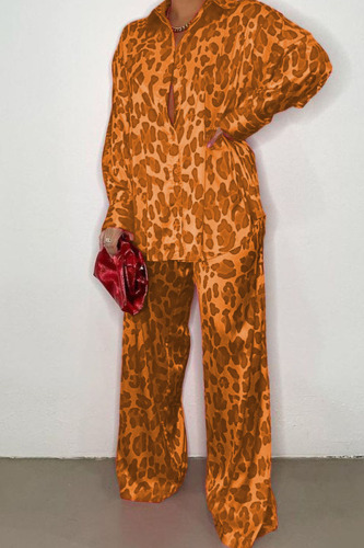 Tangerine Red Casual Street Print Leopard Patchwork Buckle Turndown Collar Long Sleeve Two Pieces