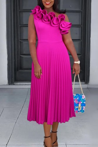 Rose Red Casual Solid Patchwork Oblique Collar Pleated Dresses
